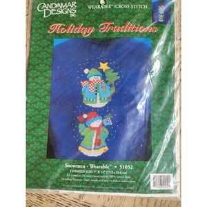 Candamar Designs Cross Stitch Kit Wearable Snowmen Christmas Holiday Vintage